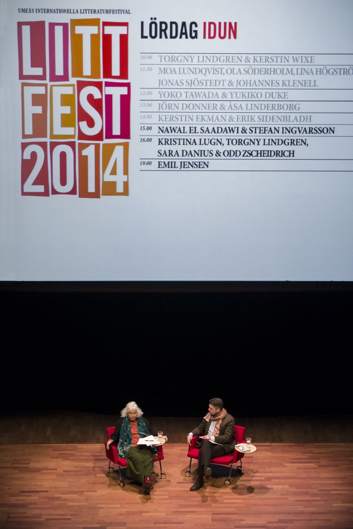Nawal El Saadawi on stage.